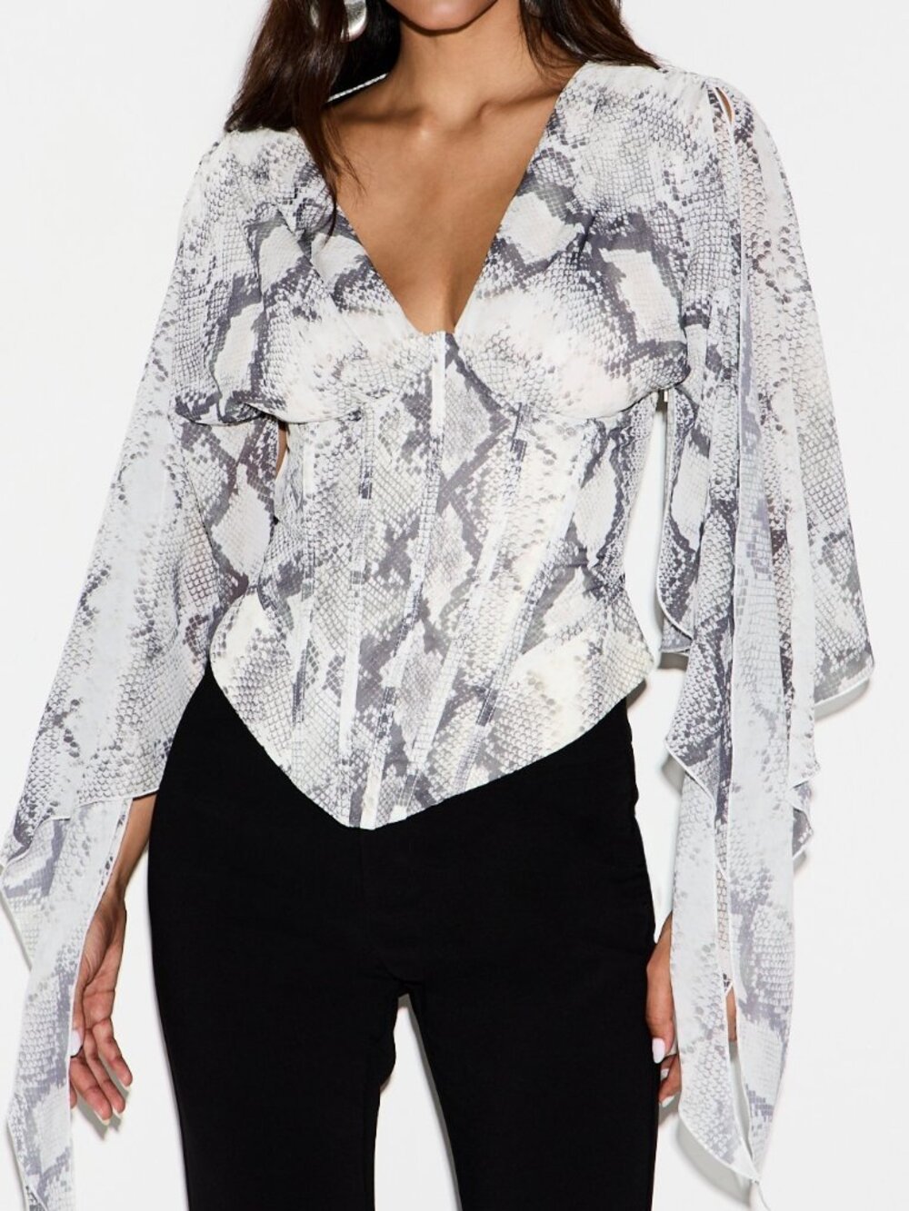 Dark Grey Elegant Women's Sheer Ruffle Asymmetrical Batwing V-Neck Corset Top